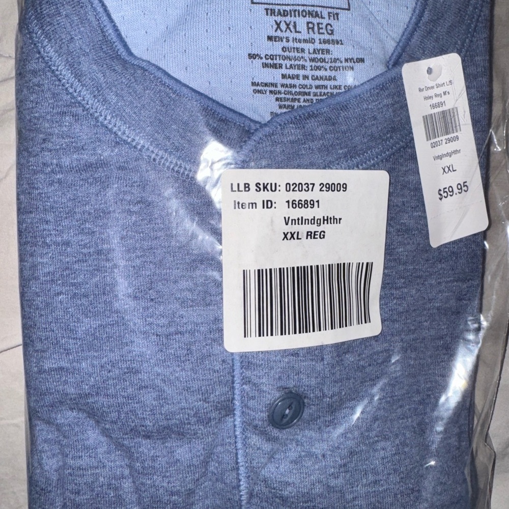 L.L. Bean, Men’s Henley Shirt, XXL Regular, Vintage Indigo Heather